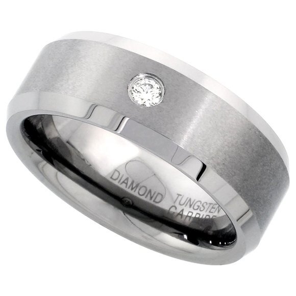 8mm Tungsten Diamond Wedding Ring 0.072 cttw Diamond Beveled Edges